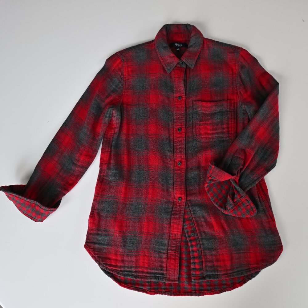 Madewell Classic Ex-Boyfriend Red and Grey Flannel Shirt with Pockets-Size XS